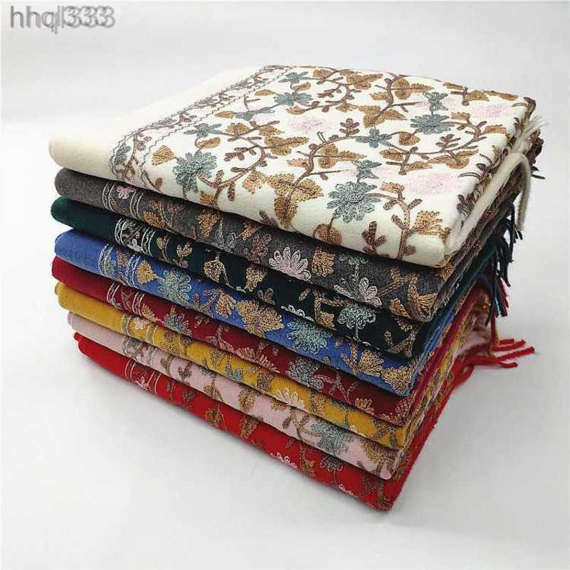 

2023 Autumn and Winter New Imitation Cashmere Embroidered Scarf Ethnic Style Women's Shawl Warm and Thickened Tassel Xinjiang Scarf, Bright red