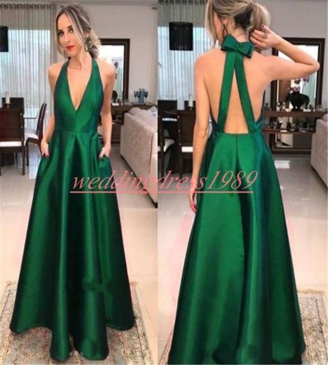 

Elegance VNeck Backless Prom Dresses With Pocket Ball Dark Green Satin Formal Juniors Evening Wear Vestido de fiesta Cheap Long P1864023, Lavender