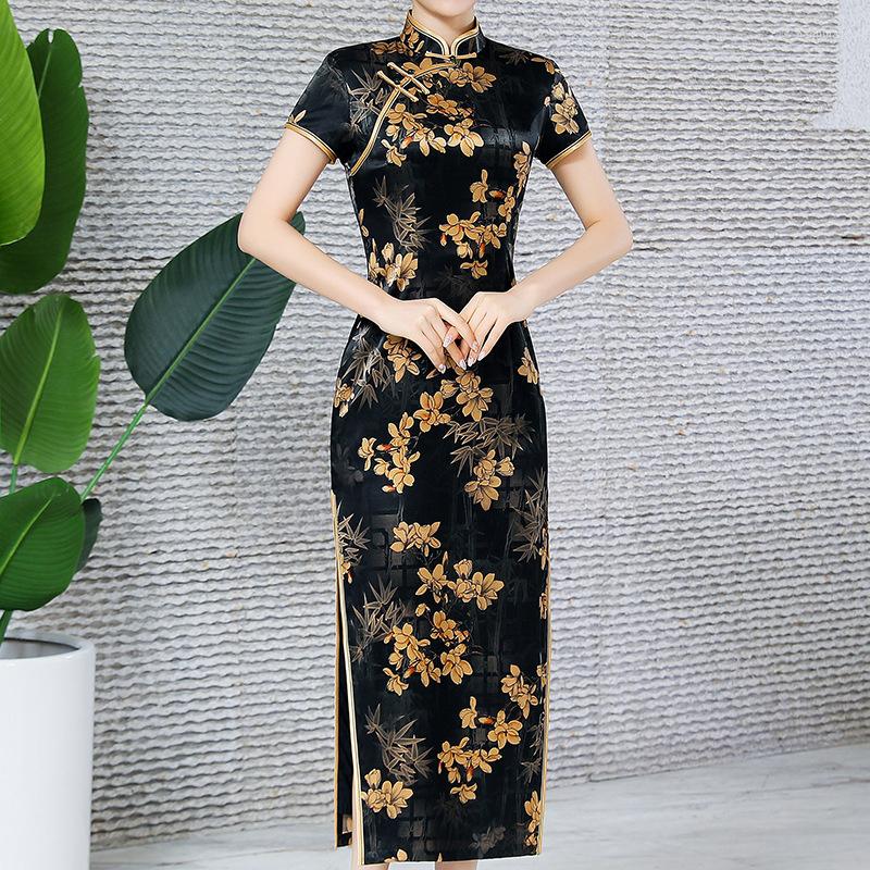 

Ethnic Clothing Vintage Button Qipao Side Split Chinese Style Orient Formal Party Gown Mandarin Collar Vestidos Print Flower Cheongsam