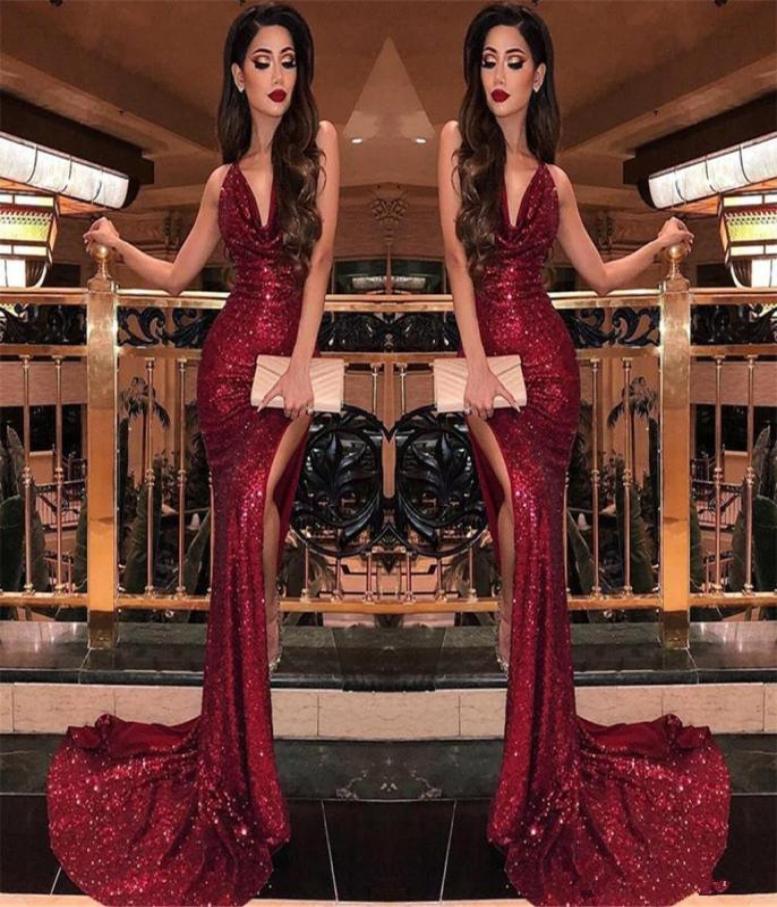 

2019 Burgundy V Neck Sequins Mermaid Prom Dresses Sexy High Slits Vestidos De Fiesta Sweep Train Formal Long Evening Party Prom Go9422440, Royal blue
