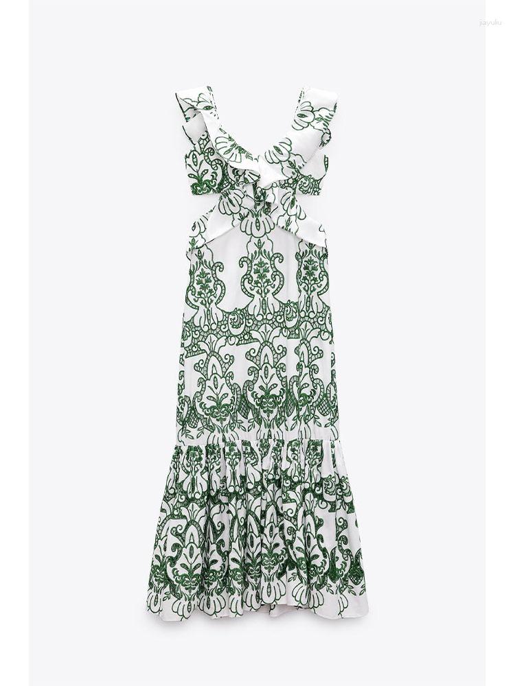 

Casual Dresses Summer Fashion Women's Retro Sweet Resort Style Ruffle Trim V-Neck Halter Design Layered Panel Hem Long Dress, Multi