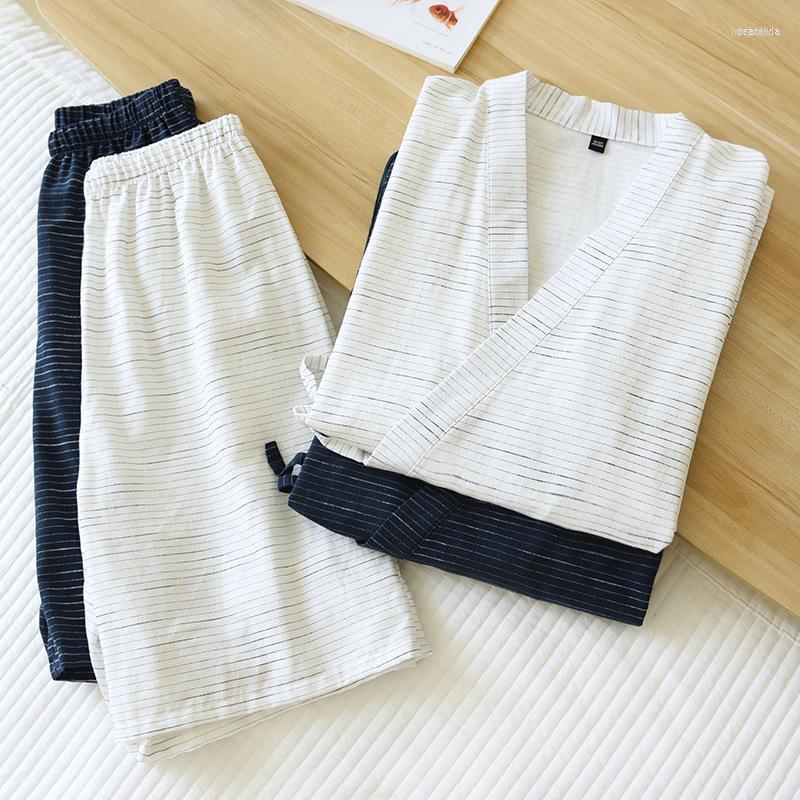 

Men's Sleepwear Men's Men Cotton Home Wear Clothes Loungewear Kimono Casual 2 Pcs Set Long Pants Trousers Striped T-shirt Sweat, White