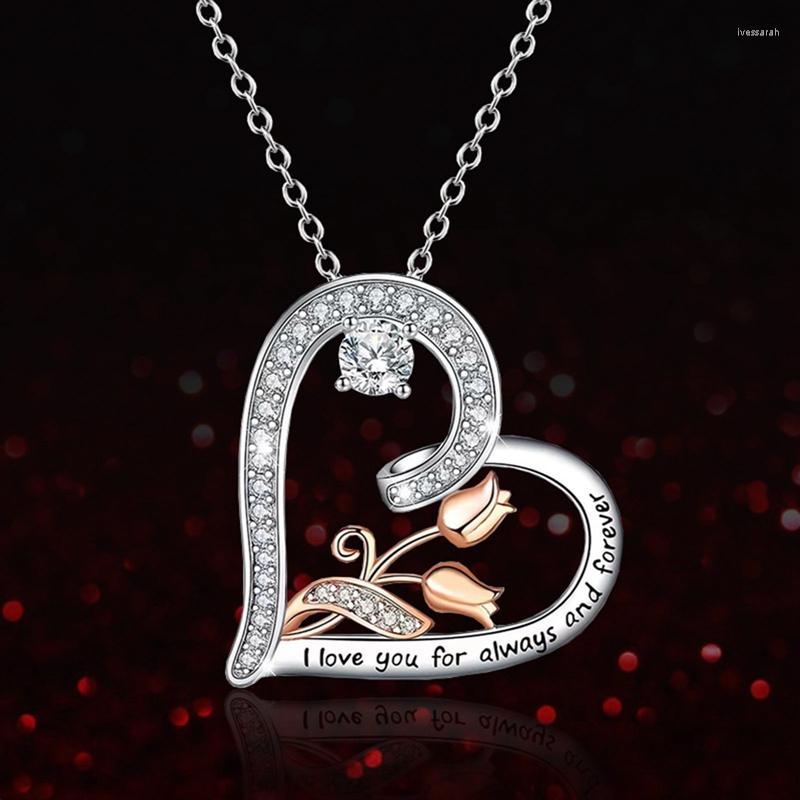 

Pendant Necklaces Silver Color Flower Hollow Out Heart Love Necklace With Rhinestone Jewelry Gifts For Mother Women Daughter