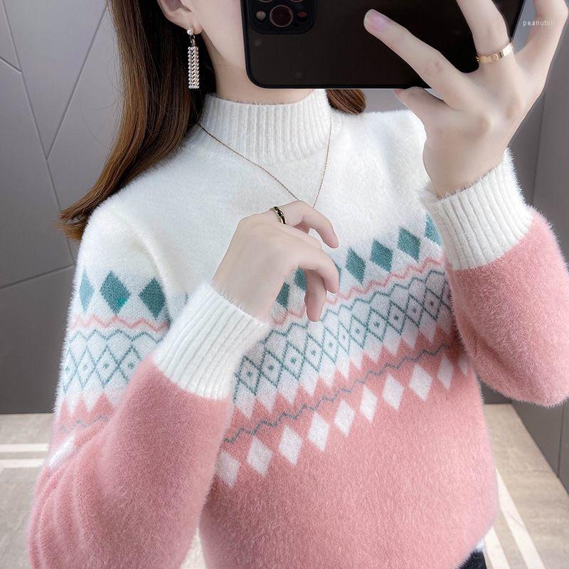 

Women' Sweaters Woman Knitted Print Pullovers Female High Collar Soft Quality Jumpers Ladies Long Sleeve Clothes Jumper Tops G213, White