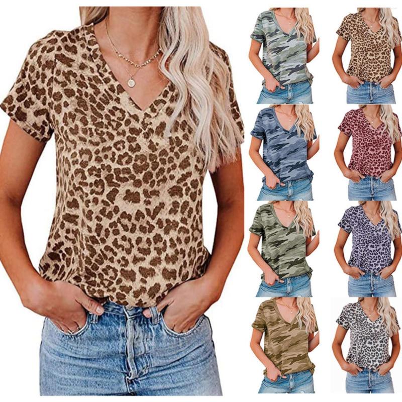 

Women's T Shirts Casual Leopard Print Camo V Neck Short Sleeve Shirt Women, Khaki