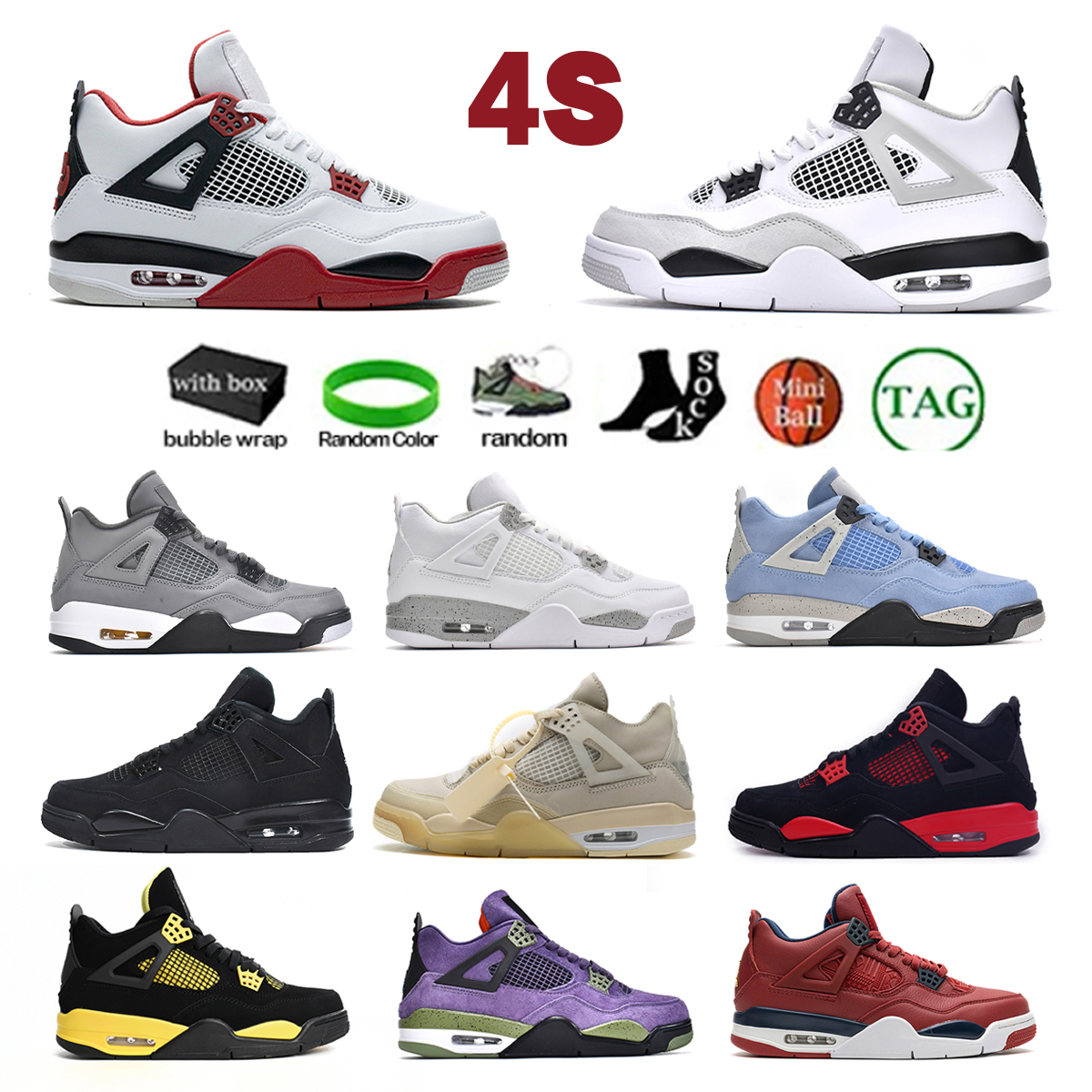 

Mens Jumpman 4 4s Basketball Shoes Mens Women IV Sports Sneakers Running Shoes Seafoam Thunder Military Black Cat Trainers With Box, 31