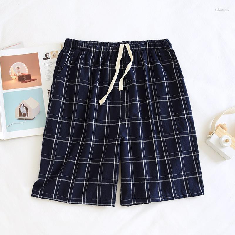 

Men's Sleepwear Men's Summer Home Pajama Men's Shorts Pajamas Plaid Simple Cotton Gauze Comfortable Five-Point Pants Thin Sleep, Style2-1