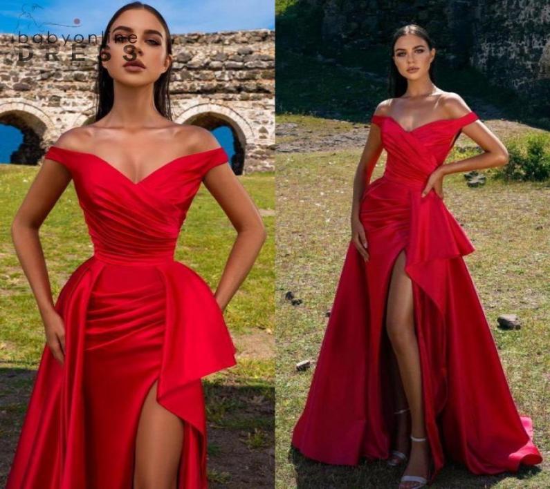 

Arabic Red Mermaid Evening Dresses Elegant Off Shoulder Backless Ruffles Front Split Long Party Prom Gowns Vestidos BC112727156587, Daffodil