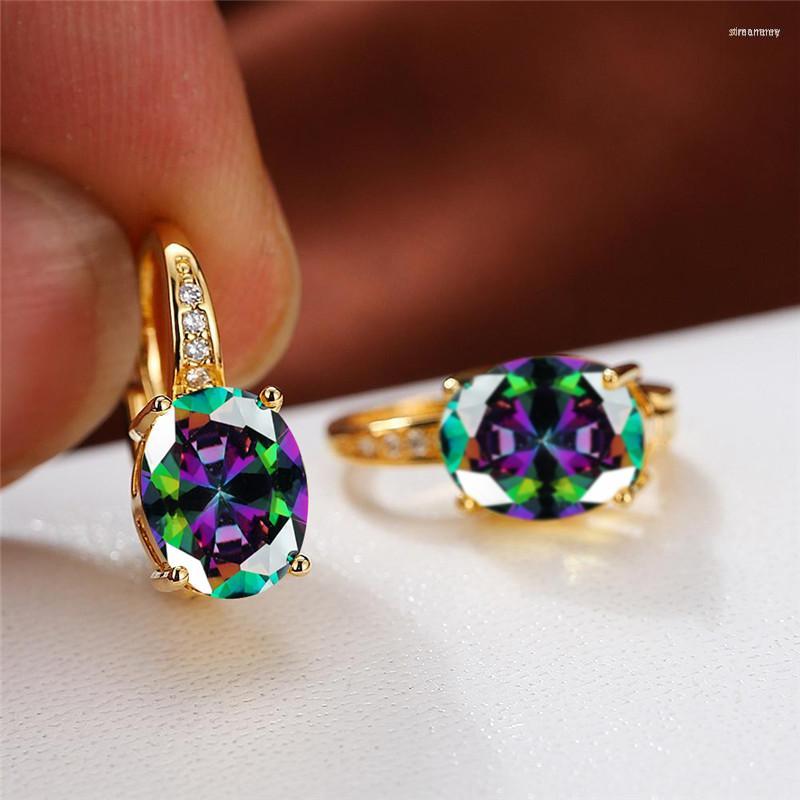 

Hoop Earrings Mystic Rainbow Crystal Multicolor Zircon Oval Stone Vintage Gold Color Wedding For Women Jewelry