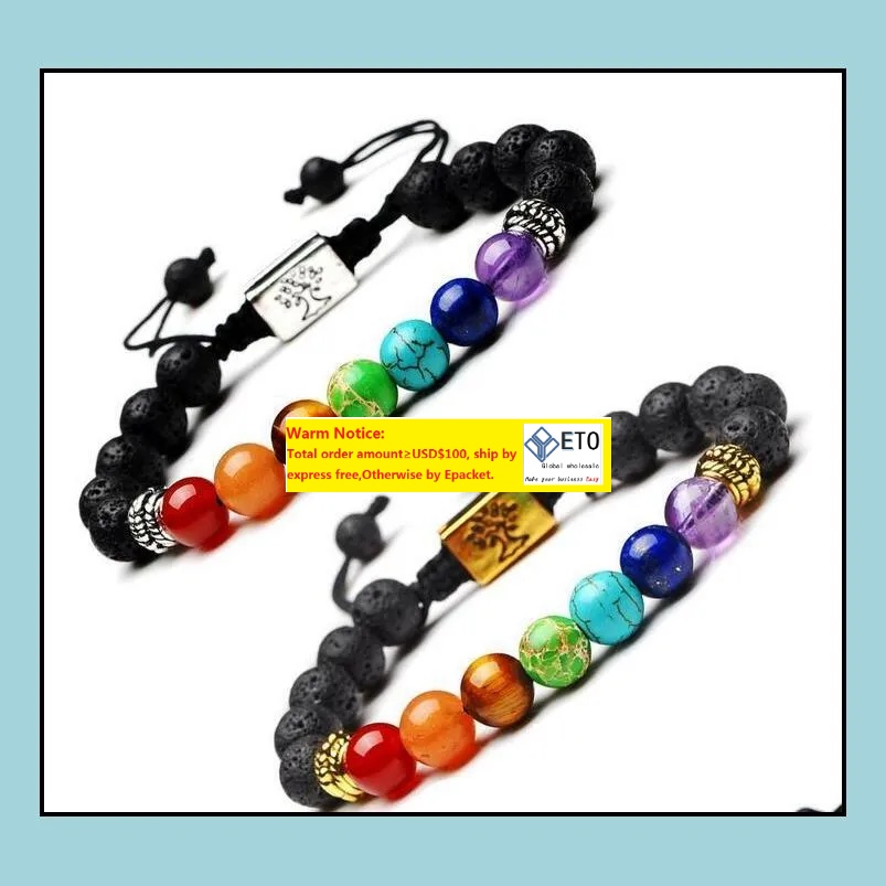 

Beaded Strands Bracelets Jewelry Yoga Handmade Beaded 7 Chakra Tree Of Life Charm Lava Stones Beads Rope Black Volcanic Stone Bracelet For