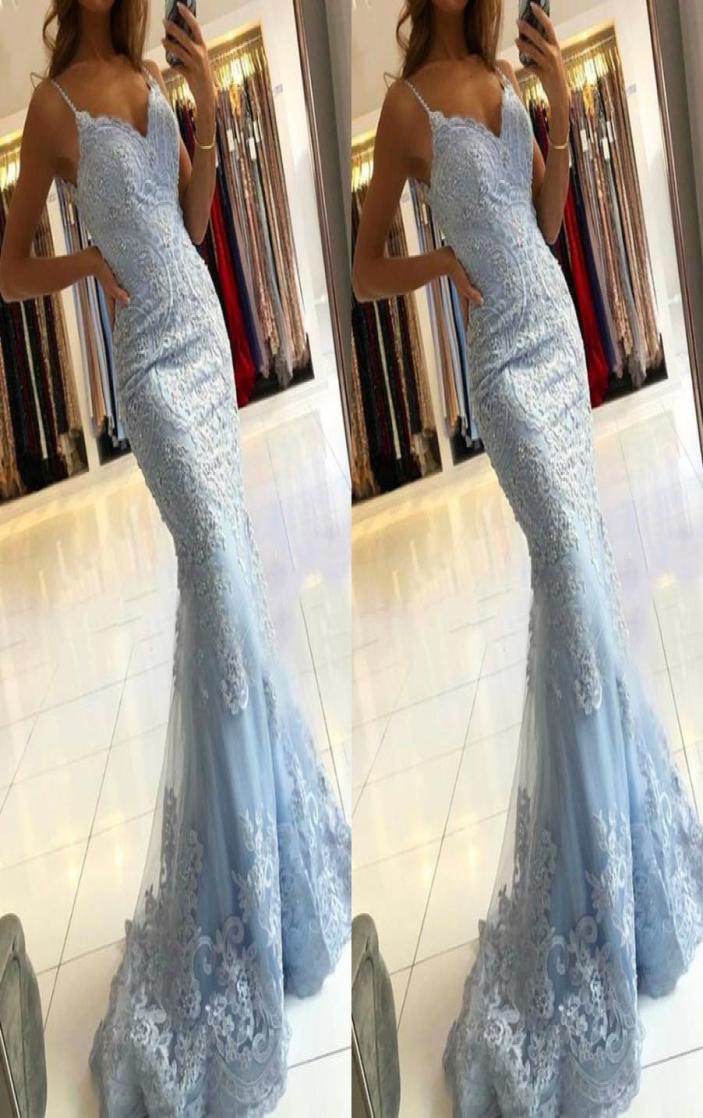 

2022 Luxurious Baby Blue Prom Dresses Mermaid Evening Gowns Lace Beads Applique Spaghetti Beaded Staps Sexy U Open Back Party Grad5660266, Same as picture
