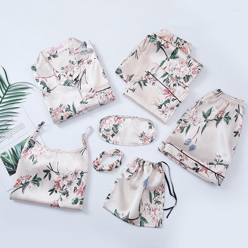 

Women's Sleepwear Multiple Seasonal Wearable Seven Piece Pajamas For Women Fresh Flowers Silk Simulation Home Clothes