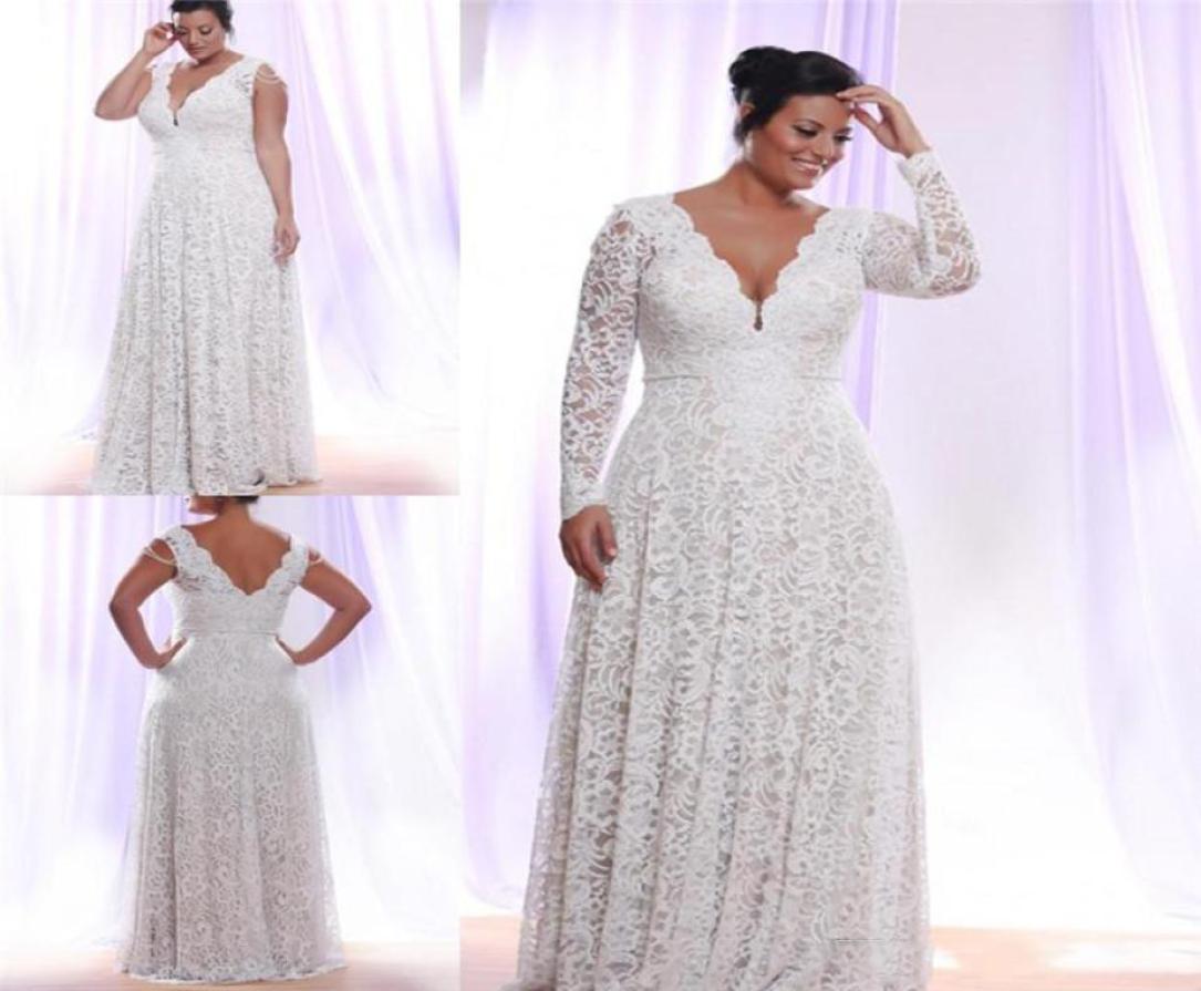 

Cheap Full Lace Plus Size Wedding Dresses With Removable Long Sleeves Deep v Neck Bridal Gowns Floor Length Wedding Dress Customiz5297894, White