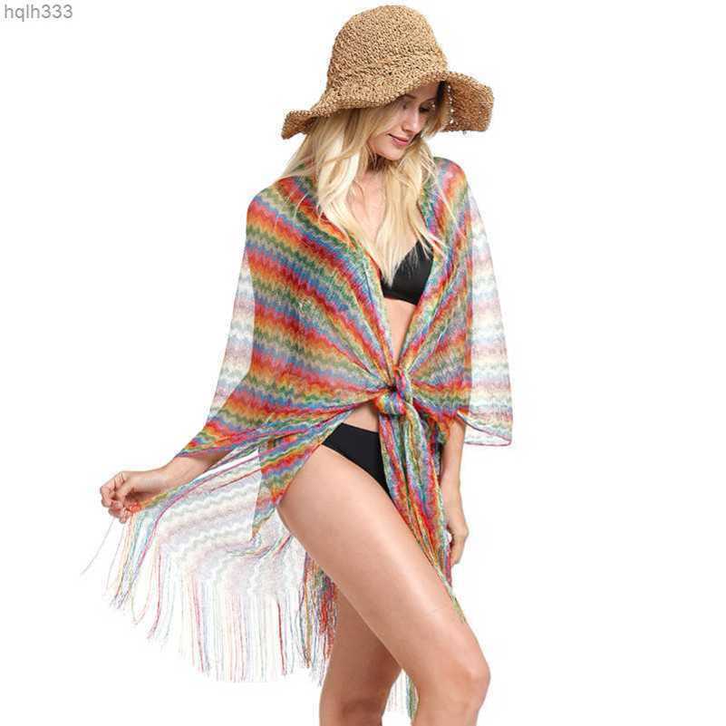 

Ethnic style shawl, colorful slit beach towel, tassel scarf