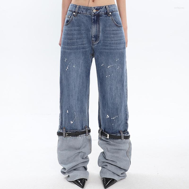 

Women' Jeans Women' 2023 Spring/Summer INS Network Red Personalized Splicing Strap Design With Touchy Paint Contrast Wash, Blue