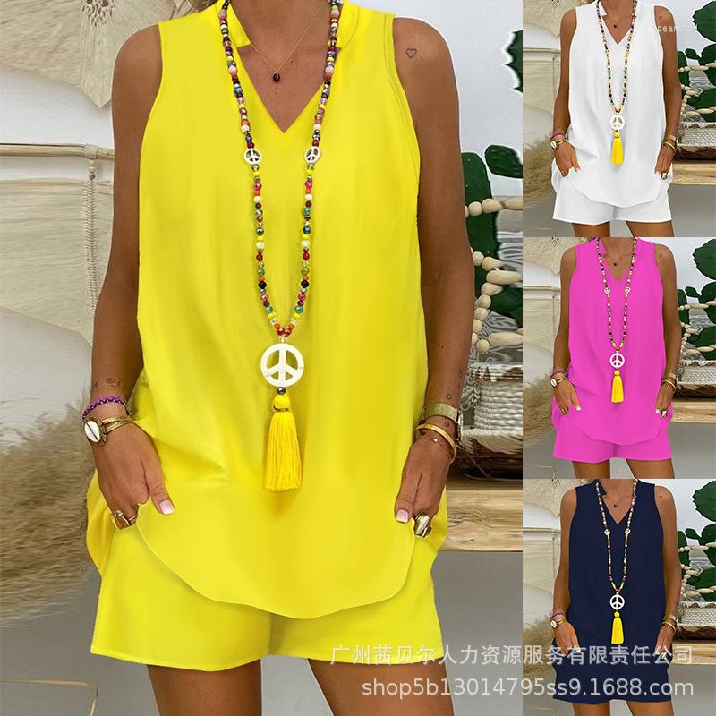 

Women's Tracksuits Notch Neck Sleeveless Top & Pocket Design Shorts Set Women Sexy Camis Tanks Tops High Waist Pants Summer, White