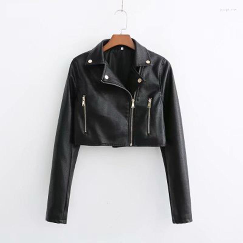 

Women' Leather Autumn Black Pu Short Jacket Women Lapel High-Waisted Locomotive Coat Zipper Fashion Vintage Outerwear Female A210