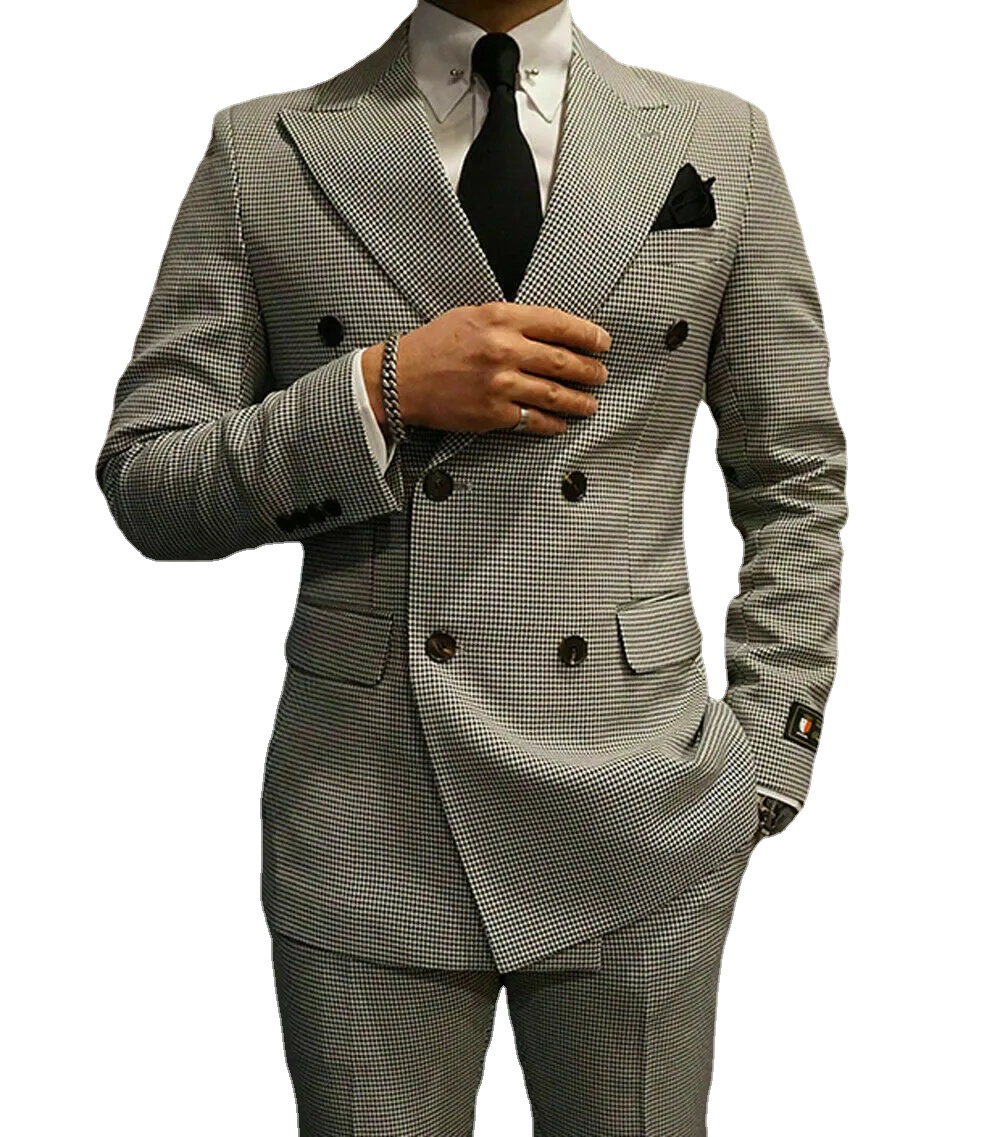 

Houndstooth Groom Wear Slim Fit Double Breasted Peaked Lapel Mens Business Formal Prom Tuxedos Best Man Blazer Suit (Jacket+Pants), Same as image