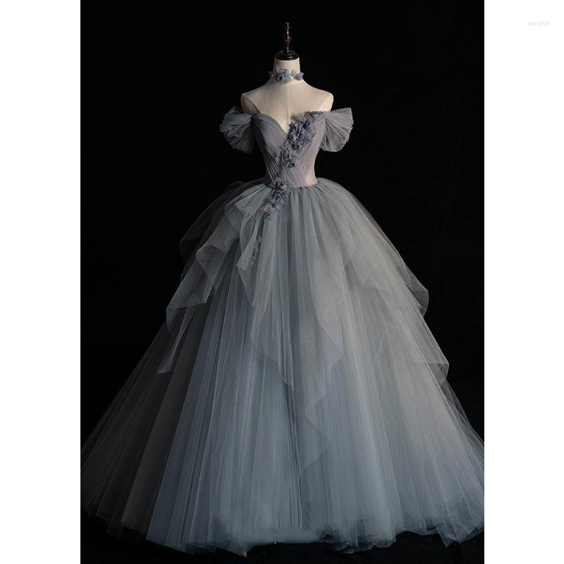 

Ethnic Clothing Women Floor Length A Line Tulle Prom Dress Princess French Off Shoulder Backless Evening Party Gowns