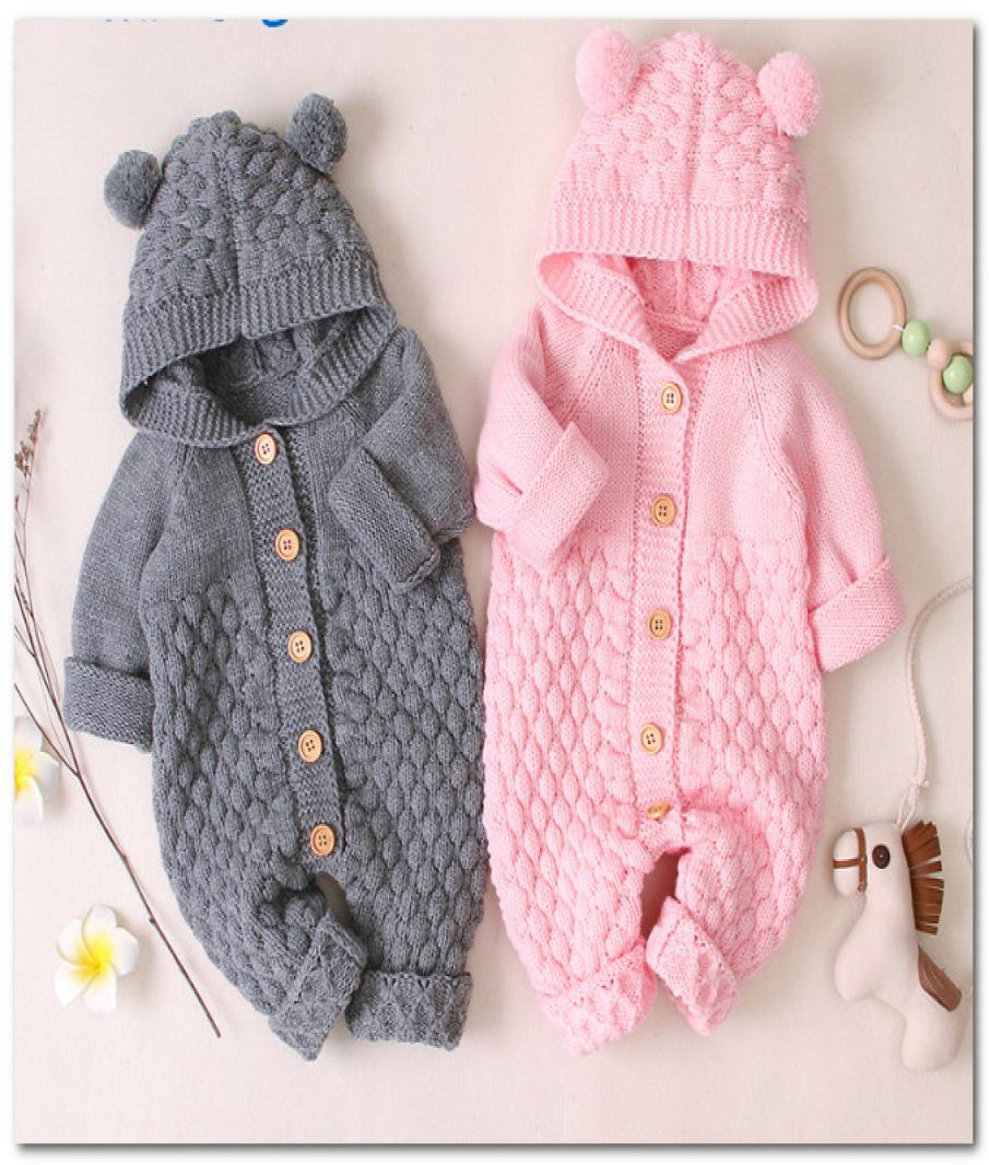 

INS Baby boy romper infant girls pompon bear ear hooded long sleeve jumpsuits  kids knitted sweater out wear clothes J03756229833, Gray