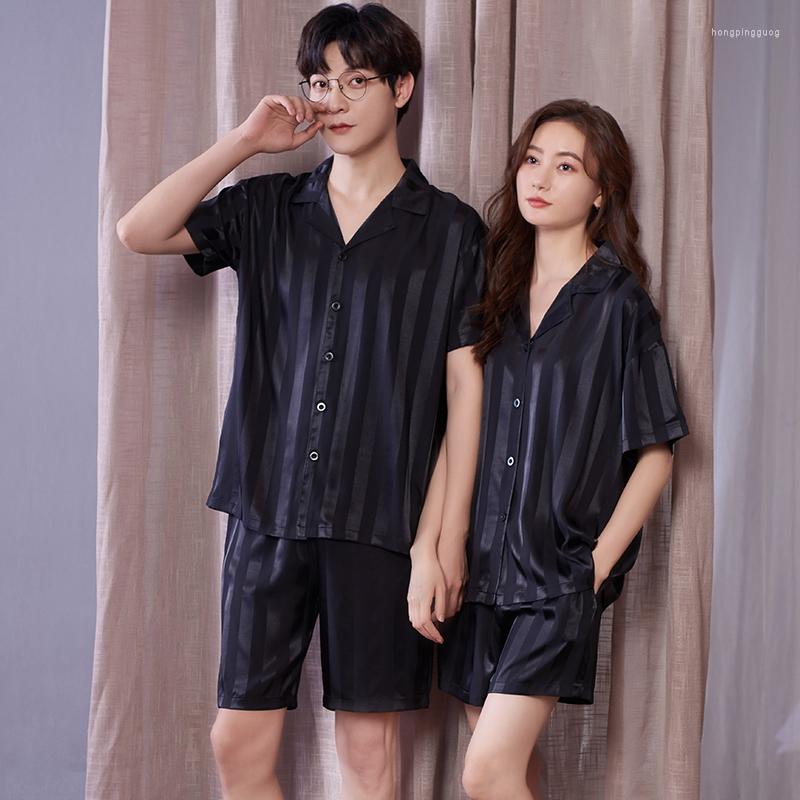 

Women's Sleepwear Couple Pajamas Set Silk Short-sleeved Turn-down Collar Striped Home Service, Jme5756