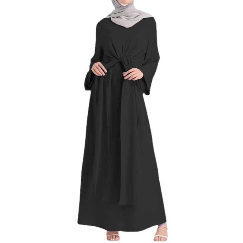 

2023 Arab Malay Solid Long Lace up Tunic Muslim Women' Gown Dress, Black6