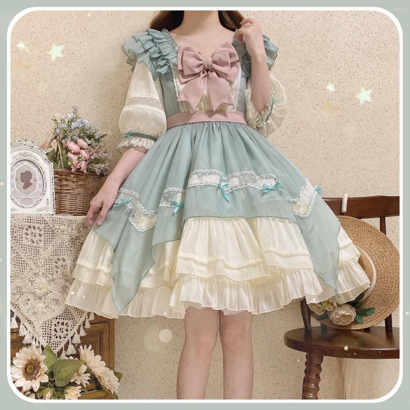 

Casual Dresses Original Lolita Dress Bow Ruffles Patchwork Sweet Japanese Mid Sleeve Irregular Women Fashion Princess Clothing, Green