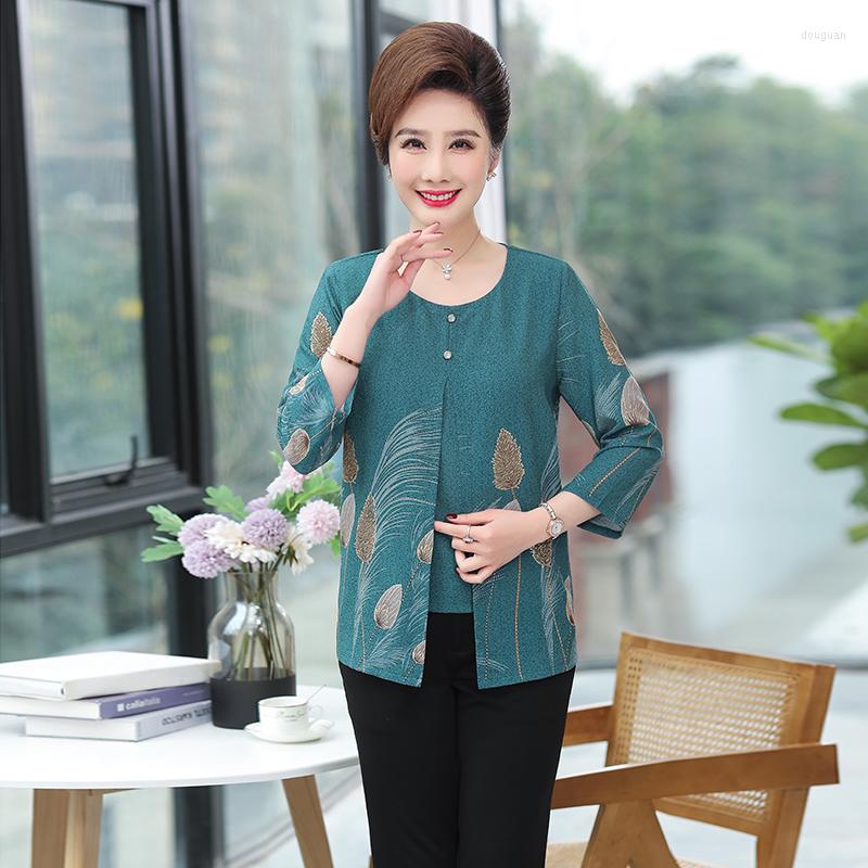 

Women's Blouses Lady Fake Two Piece Shirt 2023 Spring Summer Long Sleeve O-neck Women Floral Chiffon Blouse Flower Shirts, Blue