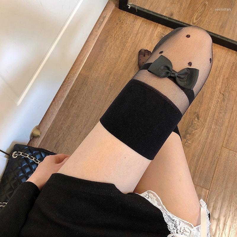 

Women Socks Polka Dots Print Sexy Body Stocking Japenese Bow-knot Black Transparent Knee High Long Pantyhose Party Club Wear