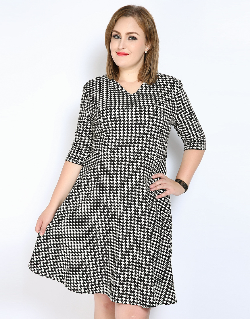 

Plus size Dresses Size Elegant Houndstooth Dres Vneck Quarters Sleeve High Waist Spring Aline Dress Knee Length Casual 6XL 7XL 230627, Black