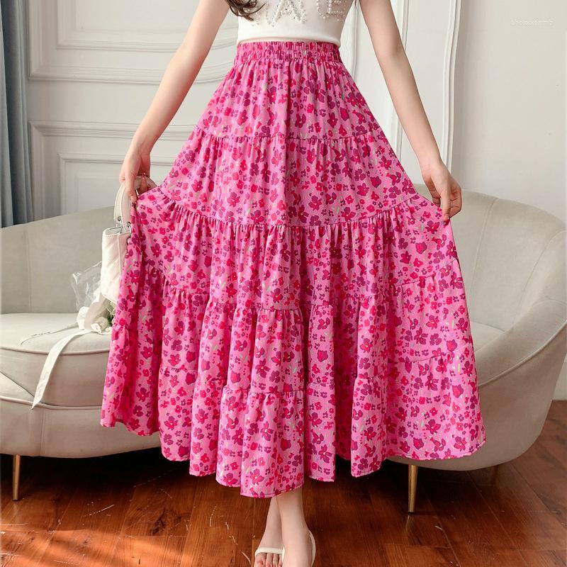 

Skirts Summer Floral A-line Chiffon Long Elastic Waist Cakee Patchwork Calf Boho Skirt