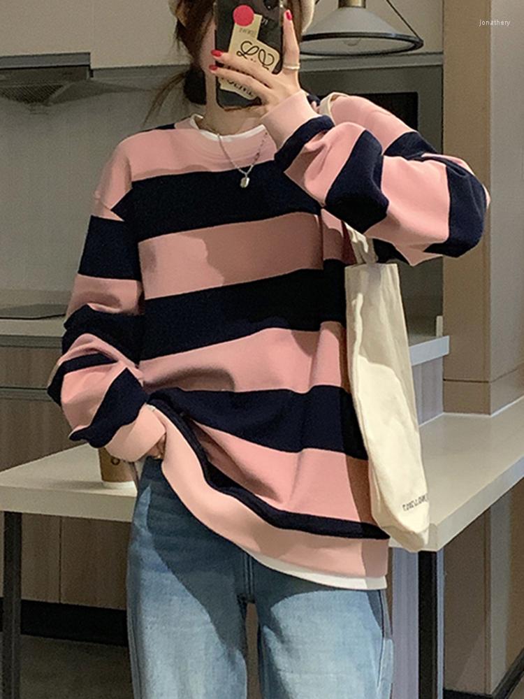 

Women's Hoodies Pink Striped Sweatshirts Cute Women's Tops Long Sleeves O-Neck Womens Autumn Simple Fashion Pullover Harajuku