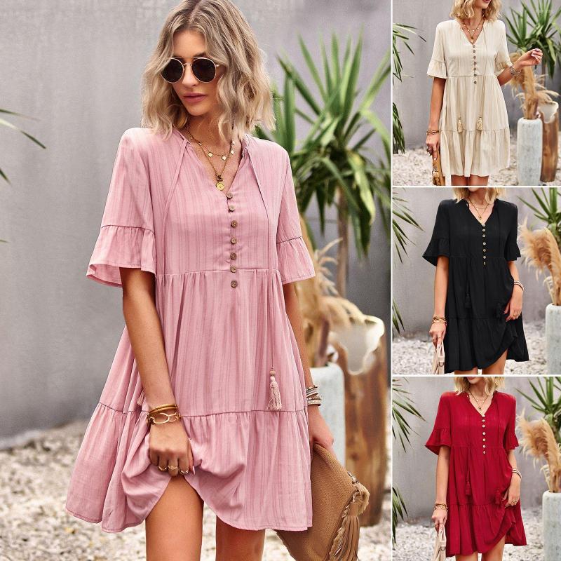 

Casual Dresses Women Summer Fashion V-neck Lace Up Pure Color Tassel Patchwork Elegant Temperament Short Dresss, Pink