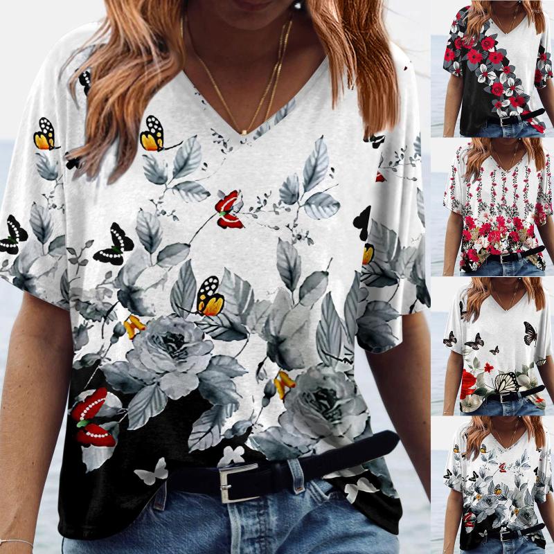 

Women' T Shirts Women' Comfortable Colorful T-Shirt Fashion Casual Printed V Neck Short Sleeve Camisas Y Blusas, Red