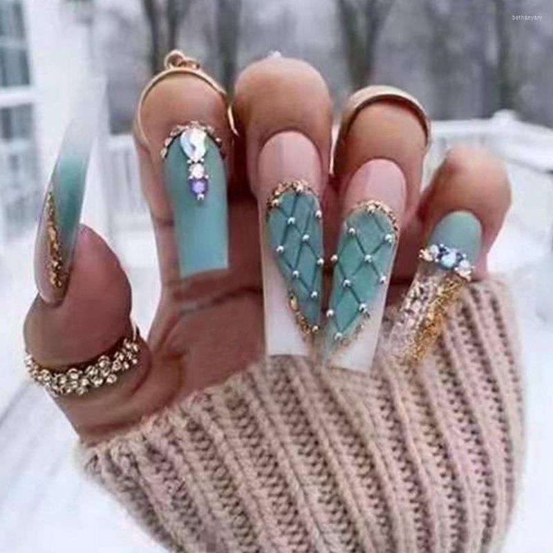 

False Nails 24Pcs Detachable Coffin Wearable French Ballerina Flower Rhinestone Fake Full Cover Nail Tips Press On, 1pc random color