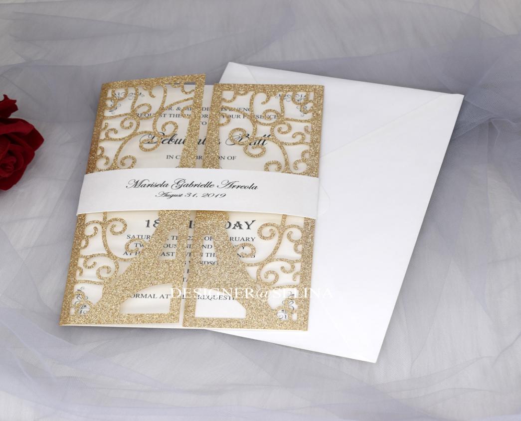 

Luxury Eiffel Tower Paris Glitter Laser Cut Invitations Cards with Cream Belt for Wedding Brial Shower Anniversary Quinceanera Inv2038311, Black