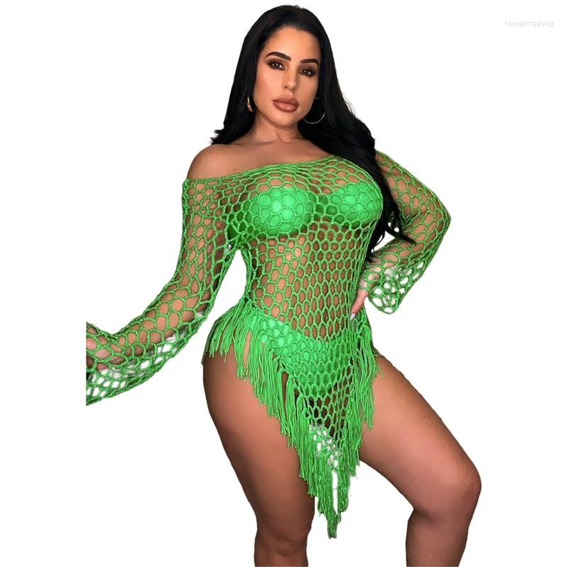 

Women' Swimwear Beach Dress Solid Color Mesh Tassel Short See Through Sexy Women' Long Sleeve Irregular Bikini Cover Up 2023 Summer, Khaki