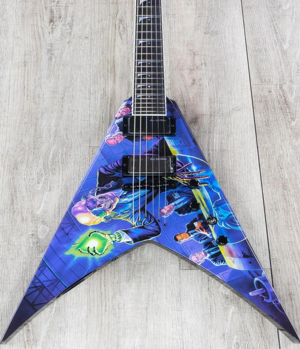 

DimDave MustaineMegadeth RustInPeace Blue Flying V Electric Guitar Hand Work Paint Top Grover Tuners Active Pickups 9V Battery B4678652