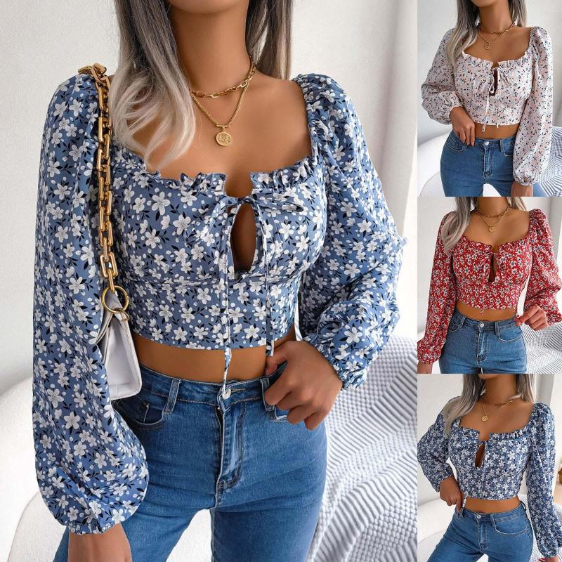 

Women' Blouses Women Elegant Top Shirt Prairie Chic Long Lantern Sleeve Sexy Fashion Bow Floral Chiffon V Neck Lace Up Crop, Blue