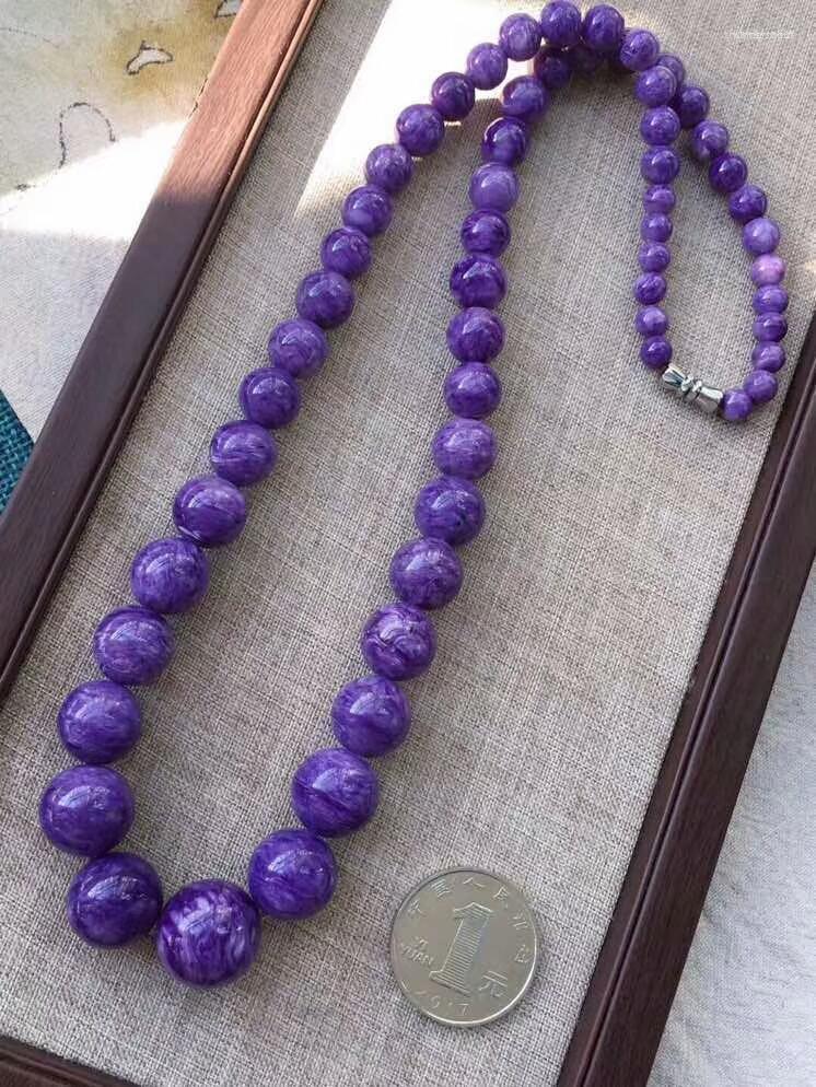 

Chains Genuine Purple Natural Charoite Necklace Women Female Round Crystal Bead Long Chain 7-16mm Certificate