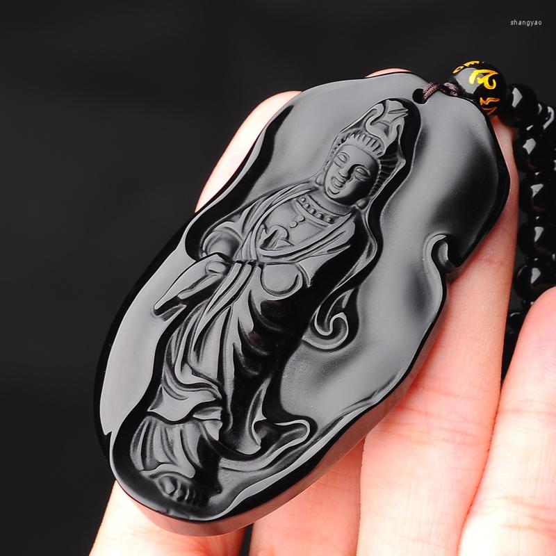 

Pendant Necklaces F Natural Black Stone Guanyin Peace Bodhisattva Necklace