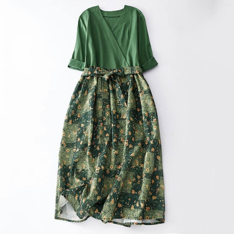 

Casual Dresses Women'S Linen Floral Dress Retro Waist In Slimming Mid Sleeve, Green