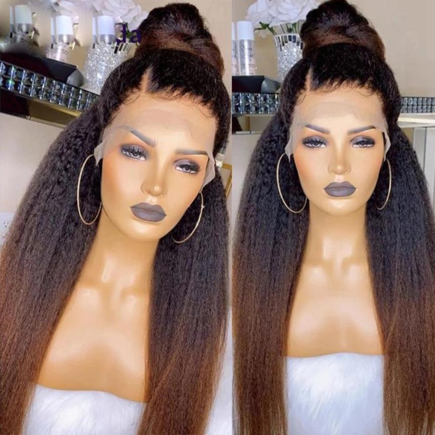 

Ombre Dark Brown Kinky Straight 360 Frontal Human Hair Wigs HD Transparent Lace Front Peruvian Remy Pre pluck Bleached Knots3295042, Ombre color