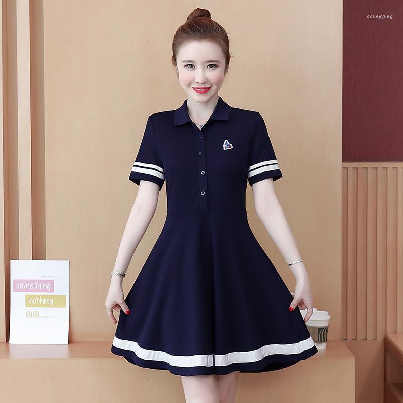 

Party Dresses #6406 Navy Blue A-line Dress Women Polo-neck Short Female Sleeve Buttons White Striped Elegant T Shirt Summer