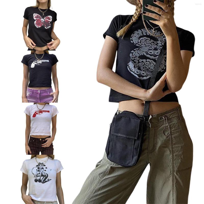 

Women's T Shirts Women Casual Crop Tops Adults Summer Slim-fit Printed Short Sleeve Round Neck T-shirt