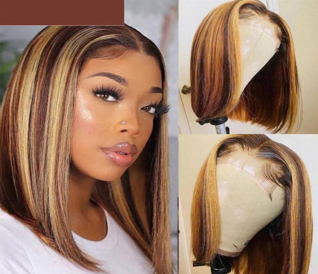 

Ombre Brown Straight Bob Brazilian Wig Short Lace Frontal Wigs For Black Women Highlighted Synthetic Closure Wigs3724675, Medium brown