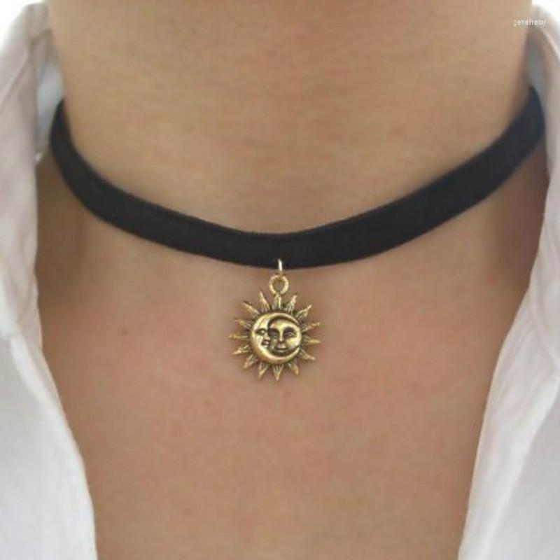 

Choker 24K Plated Gold Sun And Moon Pewter Charm Black Velvet Ribbon Gift For Soulmate Love & Friendship Her Necklace