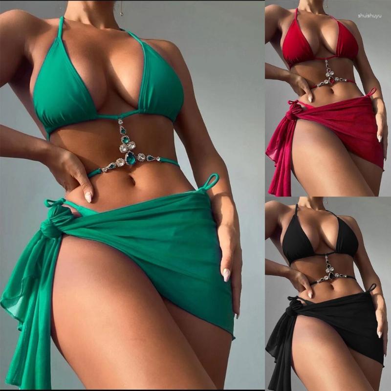 

Women' Swimwear 3Pieces Bikini Set With Skirt Solid Color String Thong Bathing Suit Women Swimsuit Female Beachwear 24BD, Black