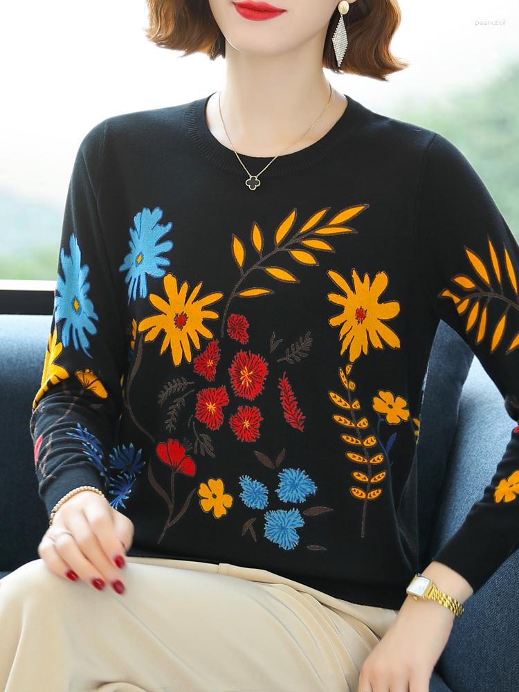 

Women's Sweaters Floral Print Autumn Spring Soft O Neck Pullover Pull Femme Female Casual Jumper Long Sleeve Women's Sweater, Black