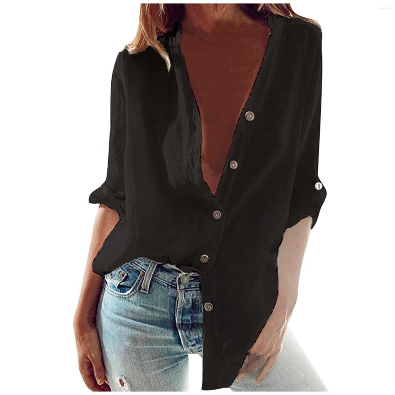 

Women's Blouses Vintage White Cotton Linen Shirts Women's 2023 Spring Summer Solid Button-Up Shirt Cardigan Long Sleeve Lapel Top Blusas, Black
